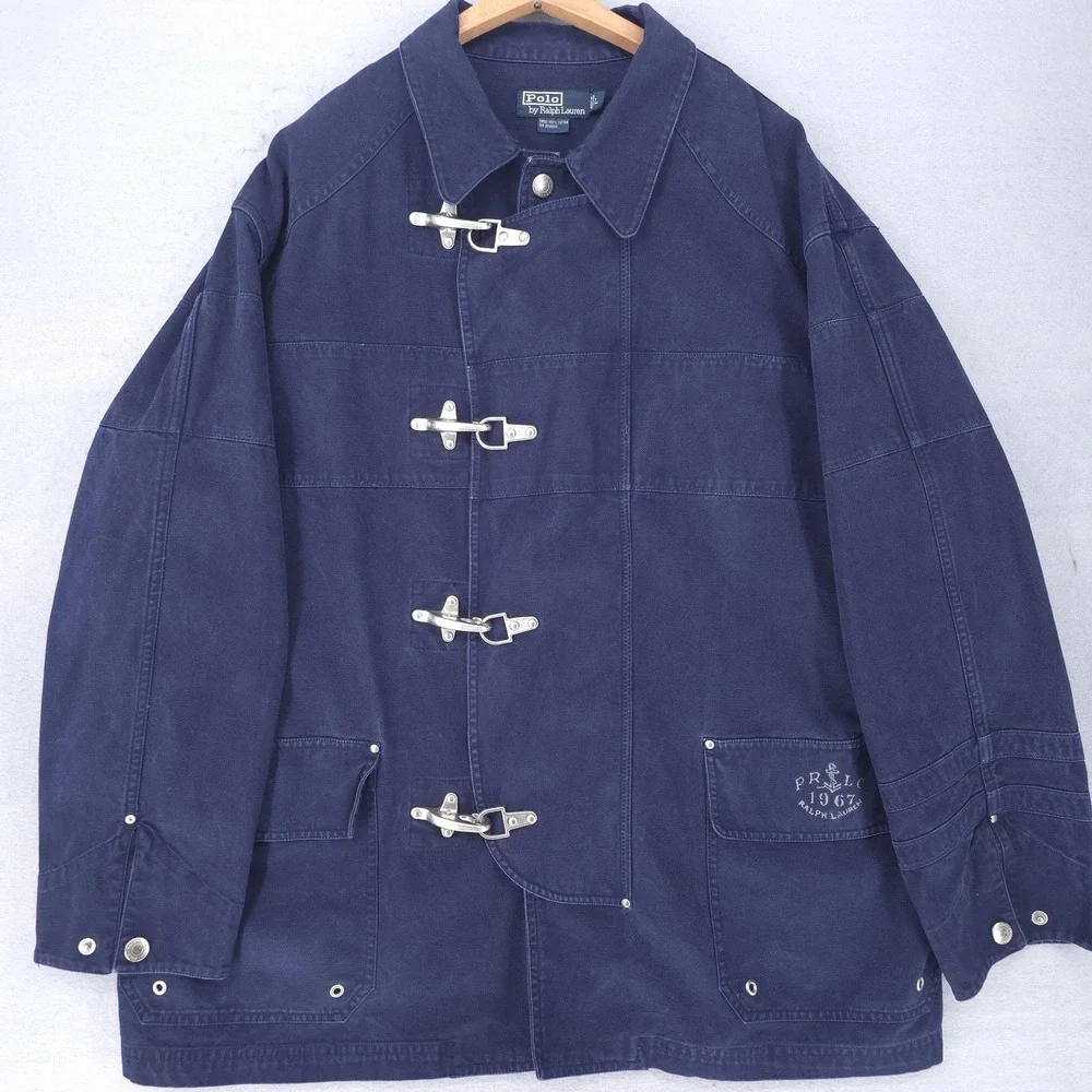 Vintage Polo Ralph Lauren Coat Mens Large Blue Fireman Clasp Canvas Nautical